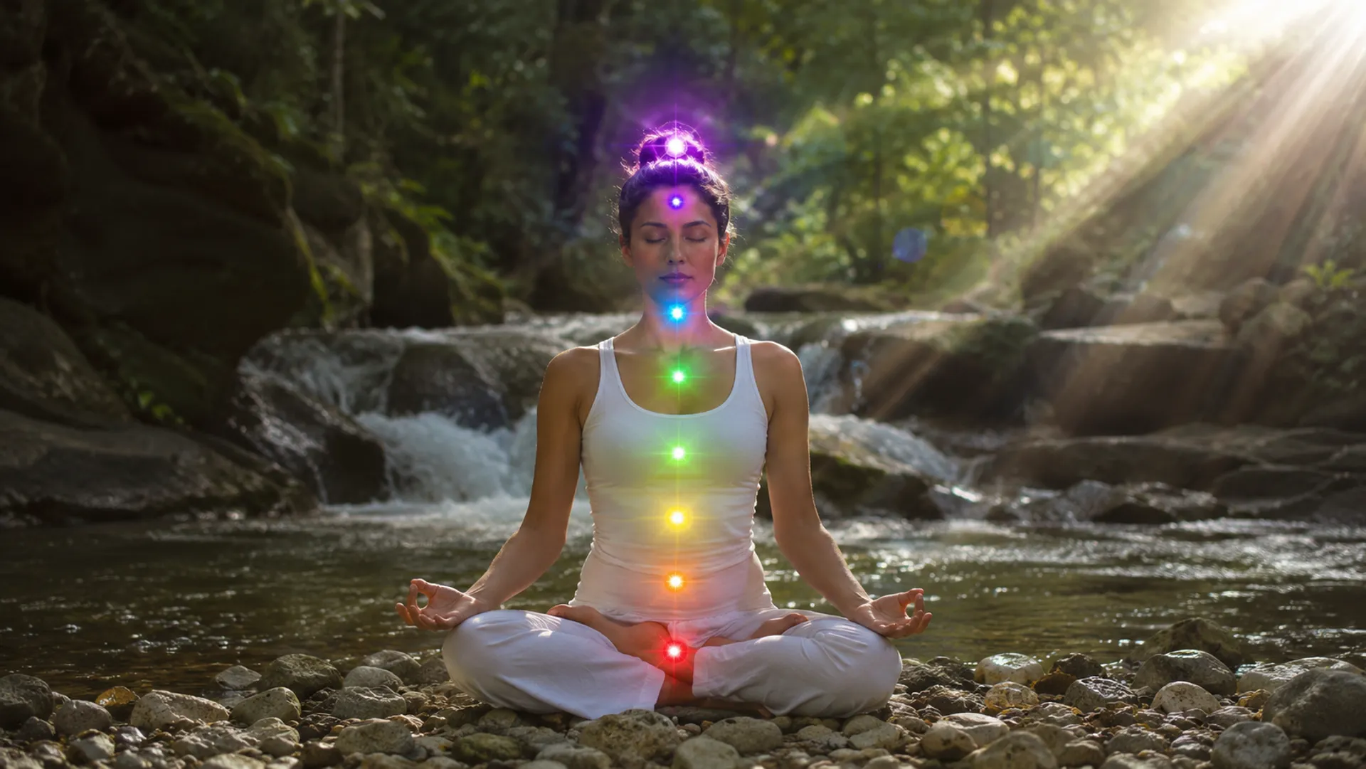 Representación de la alineación de los siete chakras principales a lo largo de la columna vertebral.